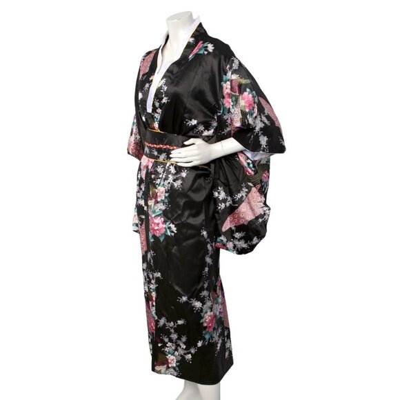 Satin Kimono Floral Japanese Style Dress Flower Peacock Belt Black Pink Blue NEW - Picture 12 of 14
